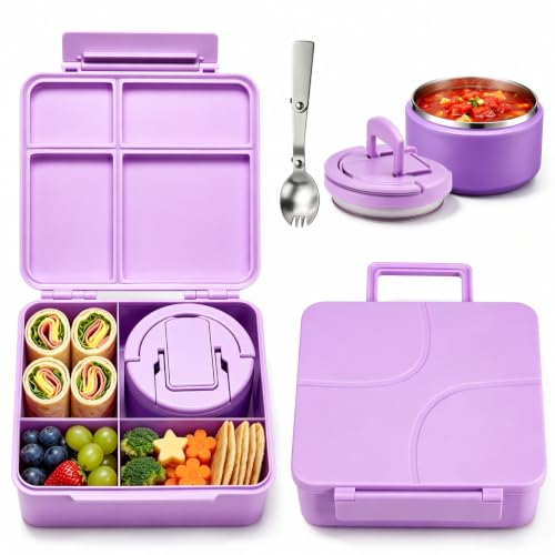 Bento Lunch Box for Kids with 8oz Soup Thermo,Kids Leakproof Lunch Food Containers with 4 Compartment,Kid Insulated Thermo Hot Food Jar for School,Trvael-Purple - color: Purple