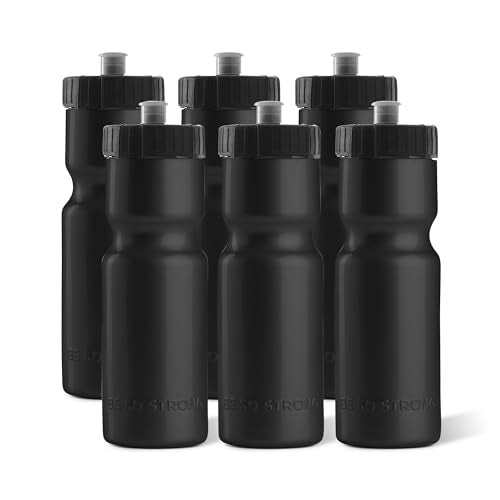 50 Strong Sports Water Bottles – Reusable 22 oz BPA-Free Plastic Bottles with Pull Top Cap – Made in USA – Top Rack Dishwasher Safe – Fits Most Bike Cages Brand - color: Black, style: 6 Pack