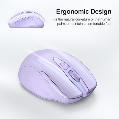 TECKNET Wireless Mouse, BT 5.0/2.4G, Rechargeable 6-DPI Silent, Lavender | Bluetooth 5.0/3.0 & USB A, 2-Device Easy Switch, Wide OS Compatible, 6 Buttons, 6-DPI up to 4800, Ergonomic for S to M Hands - color: Lavender