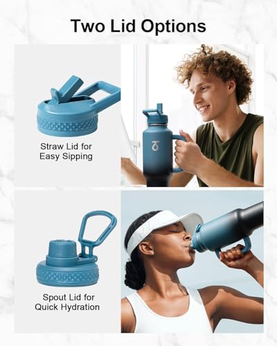 Trebo Insulated Water Bottle 40oz Fits in Car Cup Holder with Side Handle | Stainless Steel Metal Tumbler with Straw Spout Lids, Triple-Wall Vacuum Copper Plated, Cold 48 Hrs Hot 24 Hrs for Travel, Gym - color: Indigo Black, size: 40 Ounces