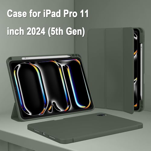 ZryXal iPad Pro 11 Inch Case (M5) 2025/ (M4) 2024 (Model: A2836/A2837/A3006), Trifold Stand Smart Cover with Pencil Holder and Soft TPU Back, Auto Wake/Sleep (Dark Green) - color: Dark Green