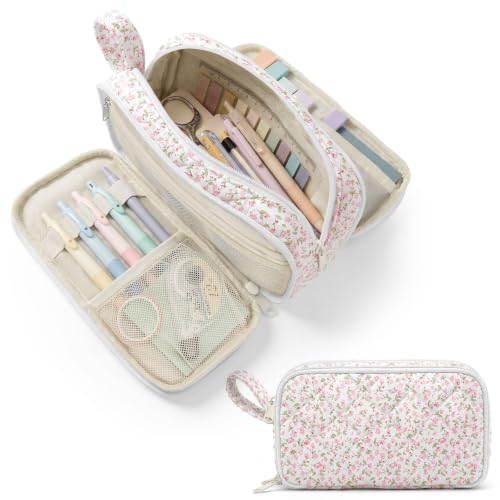 Shirabags Cute Quilted Pencil Case for Girls, 3 Compartment Organizer | Large Capacity Pencil Case,Soft Quilted Floral Design with 3 Zipper Compartments For School Office Travel (Pink Floral) - color: Pink Floral