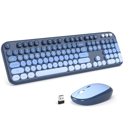 MOFII Wireless Keyboard and Mouse Combo, Full Size 2.4G Retro Round Computer Keyboard and Mouse Set, Plug and Play, for Windows, Computer, Desktop, PC, Notebook - (Sea Blue Gradient) - color: Lovely Sea Blue Gradient