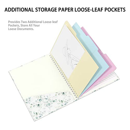 Rimilak Spiral Clipboard Folio with Refillable Lined Notepad, 14.5 x 9.8 In, Hardcover Cover with 5 Interior Pockets, Elastic Band and Pen Loop Series. Cute Stylish Clipfolio, Green Leaves - color: Green Leaves