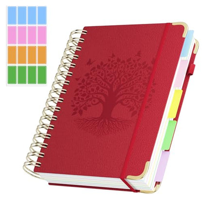 QIYVLOS Hardcover Spiral Notebook, A5 Journal with Removable Dividers Tabs, 5 Subject Notebook College Ruled, 320 Pages 6"x8" Leather Notebooks for Work School Study, Lined Journal for Women, Red - color: A5/Red