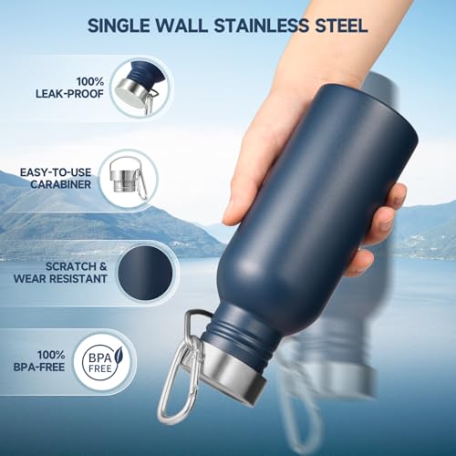 Volhoply 20oz Uninsulated Single Walled Water Bottle, Stainless Steel Reusable Water Bottles with Handle & Carabiner, BPA Free 18/8 304 Sports Water Bottles for Camping Hiking（Navy,1） - color: Navy