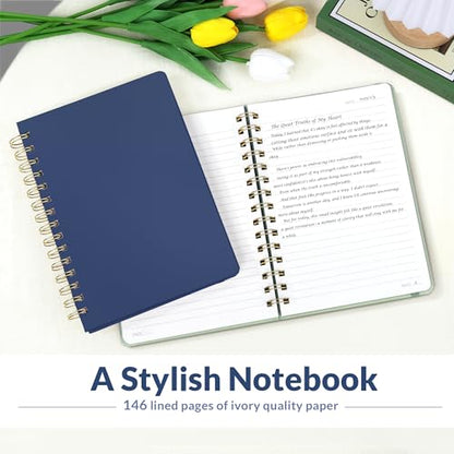 SUNEE Lined Spiral Journal Notebook for Women, 146 Pages College Ruled Hardcover Journaling Notebook for Work, Note Taking and Office School Supplies, A5 - Navy Blue - color: Navy Blue