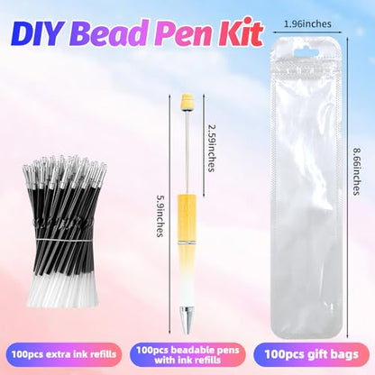 300 Pieces DIY Beadable Pens Kit - 100 plastic Beadable Pens Bulk, Refills & pen bags Included - Beaded Pens Black Ink Ballpoint Cute Pens（Gradient） - color: Gradient, size: 100