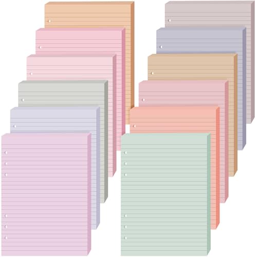 PerKoop 12 Pack Lined Refill Paper A5 Colored 6 Ring Binder Planner Inserts 6 Hole Notebook Refills Paper 8.2 x 5.8 Inch Loose Leaf (Mixed Colors) - color: Mixed Colors