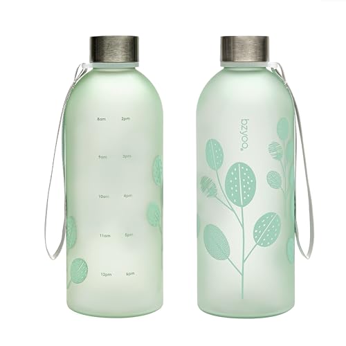 bzyoo 32oz 1 Liter Clear Water Bottle with Time Marker, Leaf Design, Durable Plastic, BPA-Free, Reusable with Measurement Markings for Fitness and Outdoor Activities (Color: Green) - color: Leaf Green