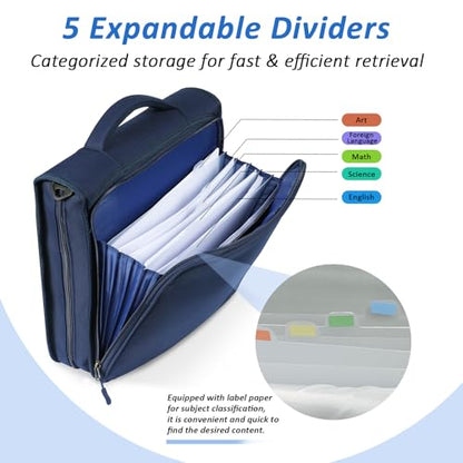 2 Inch 3 Ring Zipper Binder with Multi-Pocket, 6-Tab Expandable File Folder, Fits 14” Laptop, Zipper Bag Fits 500 Sheet Capacity with Handle & Shoulder Strap(Blue) - color: Blue