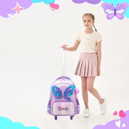 Girls Rolling Backpack with Wheels for Kids 3D Butterfly School Roller Backpack,Carry on Travel Luggage with Lunch Bag and Pencil Case for Girls Ages 5-12 - color: 01 Butterfly
