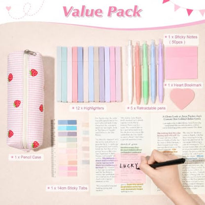 22Pcs Book Annotation Kit Aesthetic Pencil Case with Supplies School Annotation Supplies Gel Pen Transparent Sticky Note Taking Bible Study College Stationery Supplie (Pink Strawberry) - color: Pink Strawberry