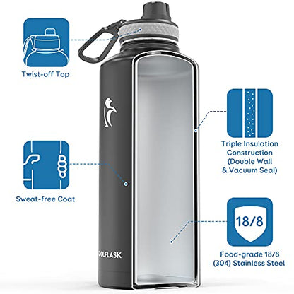 Coolflask 87 oz Insulated Water Bottle Stainless Steel with Straw & 3 Lids | 2/3 Gallon Large Water Jug, Triple-Wall Vacuum, Cold 48+h/Hot 24+h, Dishwasher Safe, BPA-Free, for Gym & Hiking - color: Magic Black, size: 87 Ounces