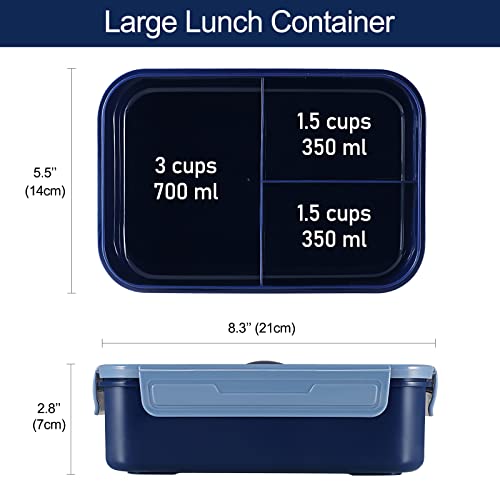 Caperci Classic Bento Box Adult Lunch Box for Older Kids - Leakpoof 47 oz 3-Compartment Containers for Adults and Teens, Built-in Utensil Set, Ideal for On-the-Go Balanced Eating, Navy Blue - color: Navy Blue