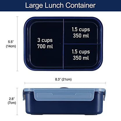 Caperci Classic Bento Box Adult Lunch Box for Older Kids - Leakpoof 47 oz 3-Compartment Containers for Adults and Teens, Built-in Utensil Set, Ideal for On-the-Go Balanced Eating, Navy Blue - color: Navy Blue