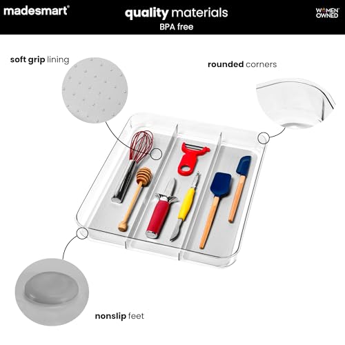 madesmart Premium 3 Compartment Clear Drawer Organizer, Multi-Purpose Storage with Soft Grip Lining & Non Slip Base, Grey - color: Clear/Gray
