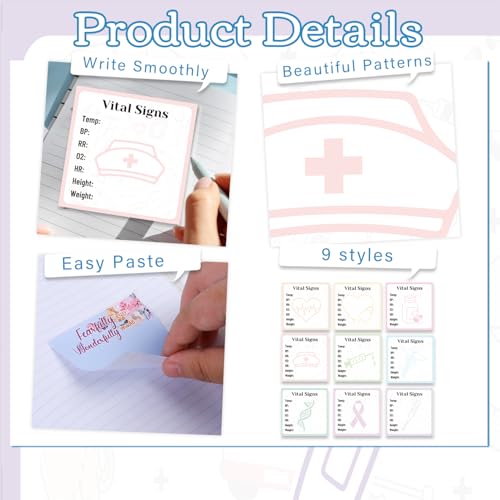 Vital Signs Sticky Notes Gifts, 9 Pack Vitals Signs Notepad 3x3 Inch, Nurse Daily Monitoring Memo Pads, Patient Health Checklist Office Hospital Supplies (450 Sheets) - style: Vital Signs
