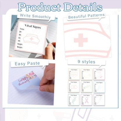 Vital Signs Sticky Notes Gifts, 9 Pack Vitals Signs Notepad 3x3 Inch, Nurse Daily Monitoring Memo Pads, Patient Health Checklist Office Hospital Supplies (450 Sheets) - style: Vital Signs