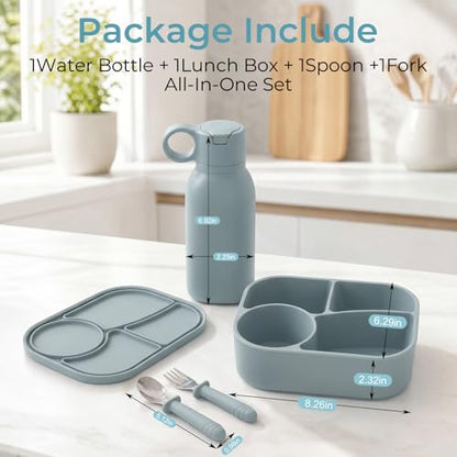 Silicone Bento Box Set for Kids with 15.2oz Straw Water Bottle, 4-Compartment Lunch Box, Kids Spoon & Fork | BPA-Free, Food-Grade, Microwave & Dishwasher Safe for Travel, School.