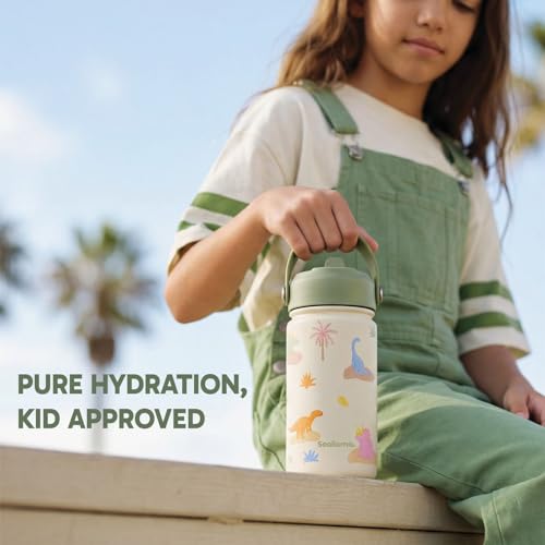 Seallama. Kids Water Bottle - 14 oz Stainless Steel Tumbler with Straw Lid, Vacuum Insulated Double Wall Travel Cup, Leak-Proof Reusable Drink Bottle for School & Everyday Hydration - color: Dino Darling