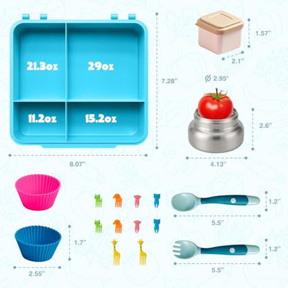 JSLOVE Bento Lunch Box with Leak Proof Thermos Food Jar for Kids, Food Lunch Containers for Boys with 4 Compartments, BPA-Free with Utensils, Food Picks, Sauce Jar & Silicone Lunch Box Dividers - color: Blue