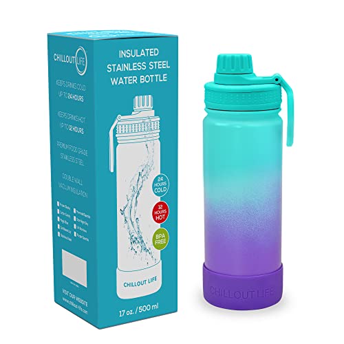 CHILLOUT LIFE 17oz Kids Insulated Stainless Steel Water Bottle with Leak Proof Spout Lid & 144 Stickers - color: Caribbean Lily, style: 17 oz