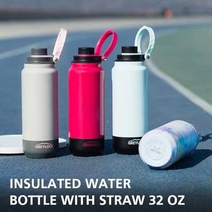 GREYLOCK 32 oz Insulated Water Bottle with Straw Lid, Leakproof Reusable Stainless Steel Vacuum Flask, 24hr Cold & Hot, Carry Handle & Silicone Spout, BPA-Free for Gym, Hiking, Travel, Grey - color: Stone Blossom, size: 32 Ounces