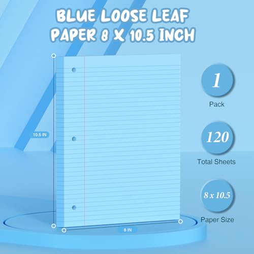 Blue Loose Leaf Paper 8 x 10.5, 120 Sheets Lined Paper College Ruled Paper, 3 Hole Punched Notebook Paper College Ruled, 3 Ring Binder Paper 8 x 10.5, Filler Paper College Ruled for Office, School - color: Blue-120 Pcs