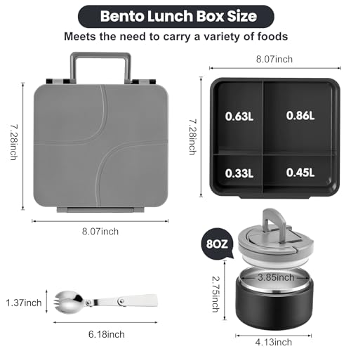 Bento Lunch Box for Kids with 8oz Soup Thermo,Kids Leakproof Lunch Food Containers with 4 Compartment,Kid Insulated Thermo Hot Food Jar for School,Trvael-Black - color: Black
