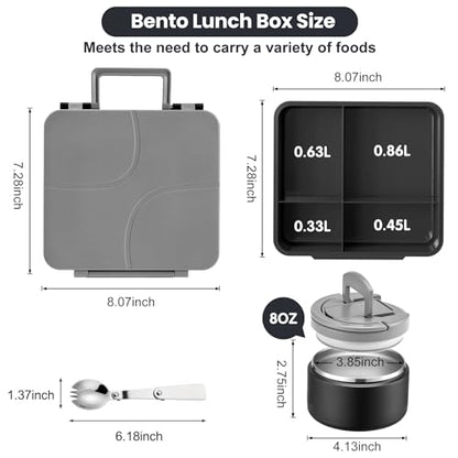 Bento Lunch Box for Kids with 8oz Soup Thermo,Kids Leakproof Lunch Food Containers with 4 Compartment,Kid Insulated Thermo Hot Food Jar for School,Trvael-Black - color: Black