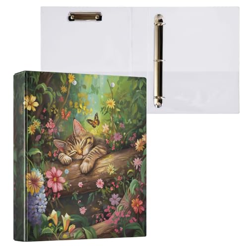 Sleeping Cat in Forest Butterfly Floral 3 Ring Binder 1.5" Decorative D-Ring Binder with Clipboard&3 Clear Pockets, Holds 200 Sheets A4 Size Paper Waterproof Binders for School Home Office - color: Sleeping Cat, size: ‎12.4x10.63x2.36 Inch-1 Pack