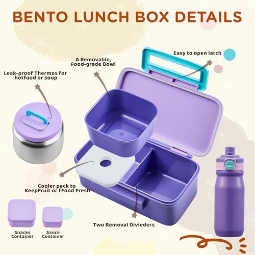 MAISON HUIS Bento Box for Kids with 8oz Soup Thermo, Insulated Lunch Bag & 17oz Water Bottle, 2-Compartment Bento Box with Built-In Ice Pack, Leak-Proof & BPA-Free (Purple) - color: Purple