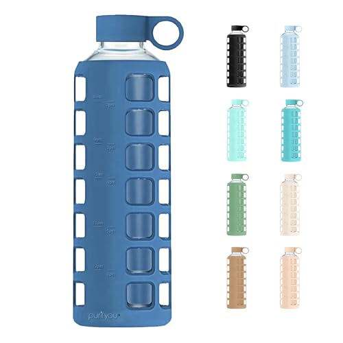 purifyou 40oz / 32oz / 22oz / 12oz Borosilicate Glass Water Bottle with Time & Volume Markers, Silicone Sleeve, Stainless Steel Lid | Reusable Glass Bottle for Water & Juice (40oz Chinese Porcelain) - color: Chinese Porcelain (1 Count), size: 40 Ounces