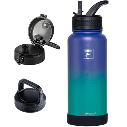 Fanhaw 32 oz Insulated Water Bottle – Portable Stainless Steel Flask with 3 Lids (Straw, Chug, Carabiner) | Leakproof, for Gym, Hiking, Work, Travel & Everyday Use (Purple Green) - color: Purple Green, size: 32 Ounces