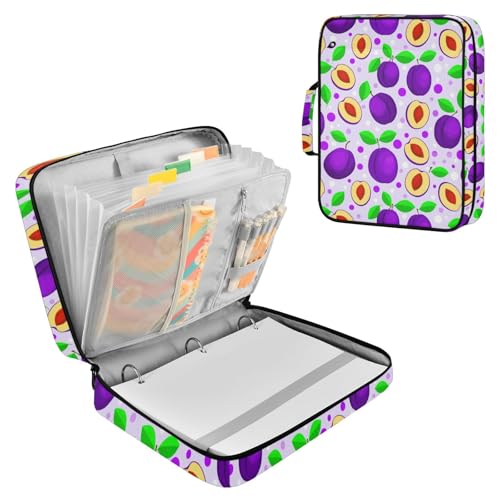 Heavy-Duty Notebook Case with 3-Hole Ring Board and 7-Slot Smart Filing Sleeve with Binder Pencil Pouch for Back to School, Purple Plums Green Leaves