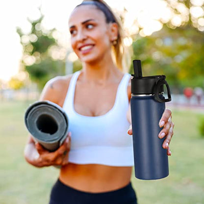 Volhoply 18oz Kids Insulated Water Bottle,Stainless Steel Water Bottles with Straw Lid,Double Wall Vacuum Reusable Metal Water Bottle,Wide Mouth Sports Travel Flask For Cold Drink(Navy,1 Set) - color: Navy