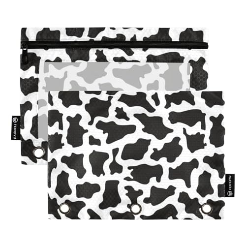 Binder Pouches 3 Ring for Boys Girls Black White Cow Print Zipper Pencil Pouches Case Bag with Clear Window School College Office Supplies 2 Pack - color: Cow Print