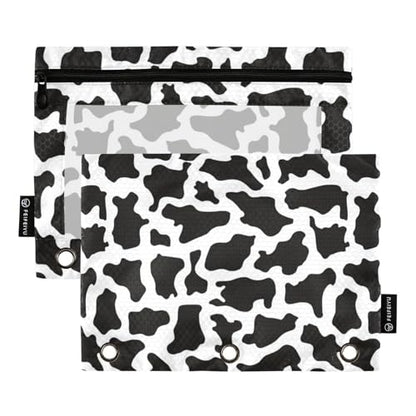Binder Pouches 3 Ring for Boys Girls Black White Cow Print Zipper Pencil Pouches Case Bag with Clear Window School College Office Supplies 2 Pack - color: Cow Print