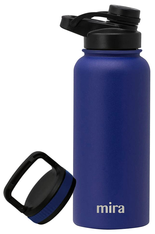 MIRA 32 oz Insulated Sports Bottle - Stainless Steel Temperature Control Thermo - Easy-Drink Spout (24Hr Cold/12Hr Hot) - Blue - color: Blue - 2 Lids