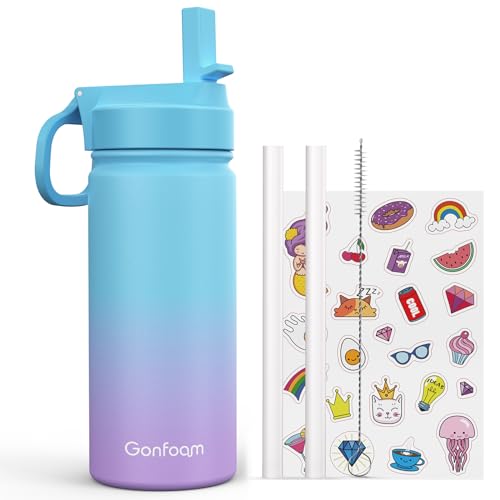 Gonfoam 16oz Kids Water Bottle, Stainless Steel Insulated Cup | DIY Stickers, BPA-free, Leak-proof, Sturdy, Keeps Cold 24h, Easy to Carry, Easy to Clean, Back to School, Gifts - color: Blue and Purple