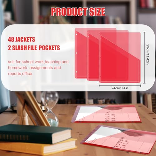Seajan 48 Pcs Pocket Folders for 3 Ring Binder Clear Plastic Folders Sleeves with 2 Pockets 3 Hole Punch Binder Dividers Poly Slash File Jackets for Office School Document Organizer (Red) - color: Red