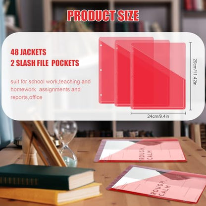 Seajan 48 Pcs Pocket Folders for 3 Ring Binder Clear Plastic Folders Sleeves with 2 Pockets 3 Hole Punch Binder Dividers Poly Slash File Jackets for Office School Document Organizer (Red) - color: Red