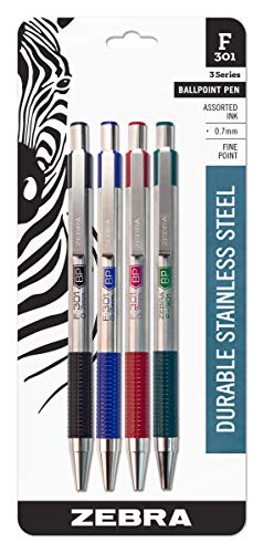 Zebra Pen F-301 Ballpoint Black, Blue, Red and Green Ink, Fine Point 0.7mm Pen, Easy-Glide Ink, Stainless Steel Retractable, Non-Slip Grip, Professional Design, Ideal for Office, 4-Pack (27174) - color: Black/Blue/Red/Green