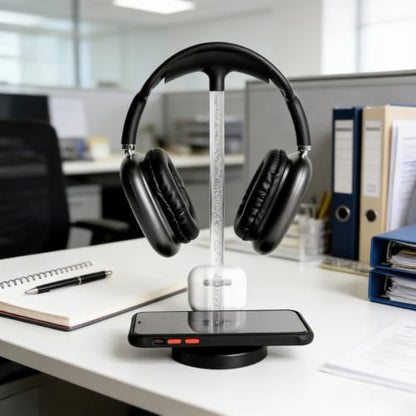 3 in 1 Wireless Charging Station with Headphone Stand, RGB Night Light, 15W Fast Wireless Charging, Desktop Wireless Charging Organizer, Multi Port Charging Stand for Desk