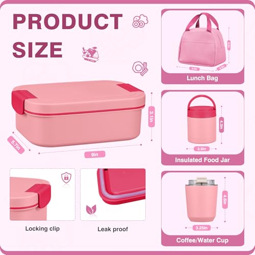 Bento Lunch Box Set with 10.5oz Soup Thermo Food Jar for Adults Kids, Stainless Steel Leak-proof Lunch Container with 4 Compartment, Coffee Tumbler with Lunch Bag for School Travel Office-Pink - color: Pink