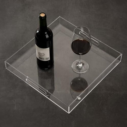 Clear Sturdy Acrylic Serving Tray with Handles - 14x14Inch - Coffee, Appetizer, Breakfast, Butler Tray - Kitchen Countertop & Makeup Drawer Organizer - color: Clear, size: 14" x 14" x 2"