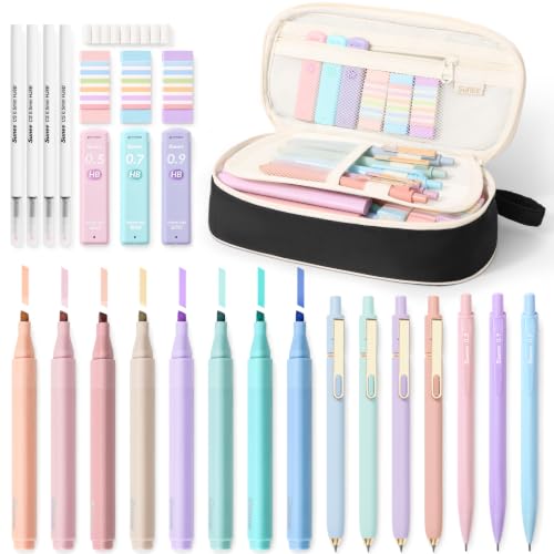 SUNEE 35PCS Aesthetic Stationery Set with Cute Pencil Case, Pastel Highlighters, Black Gel Pens, Mechanical Pencils & Refills, College School Supplies for Students Black - color: Black, style: 35 Pack
