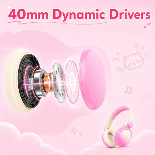 Wireless Headphones for Girls– ANC Active Noise Cancelling, 58H Playtime,Safe Volume Limiter, Foldable Over-Ear Kids Headset with 40mm Drivers for School, Travel & Learning - color: Pink