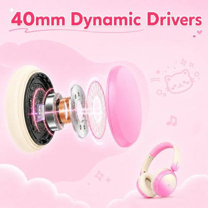 Wireless Headphones for Girls– ANC Active Noise Cancelling, 58H Playtime,Safe Volume Limiter, Foldable Over-Ear Kids Headset with 40mm Drivers for School, Travel & Learning - color: Pink
